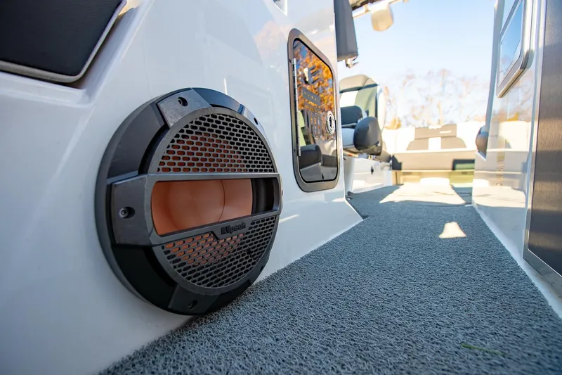 Slide: The Image of Close-up of 2019 MasterCraft X24 boat speaker and deck. - 29