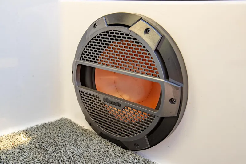 Slide: The Image of Klipsch speaker on 2019 MasterCraft X24 boat, featuring a sleek design and durable grille. - 32