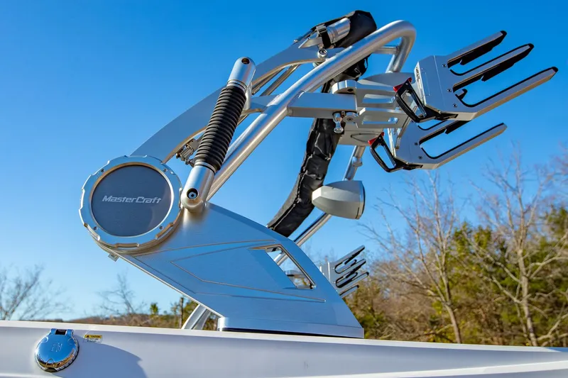 Slide: The Image of Close-up of 2019 MasterCraft X24 boat tower against blue sky. - 40
