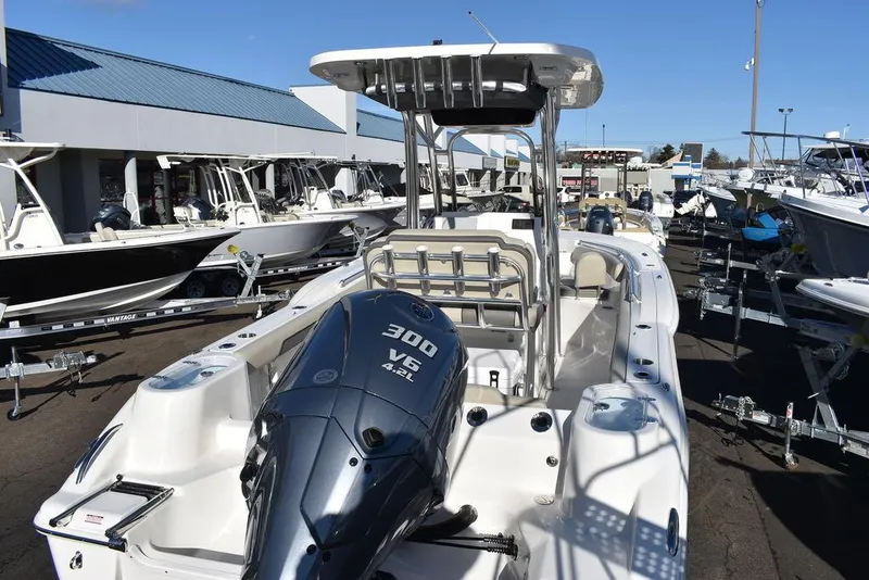 Slide: The Image of 2025 Key West 244 CC boat with 300 HP engine at a dealership. - 5