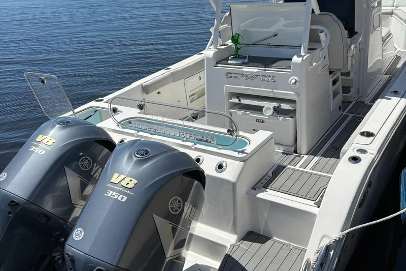 Slide: The Image of 2020 Sea Fox Commander 328 boat with twin Yamaha V8 350 engines. - 2