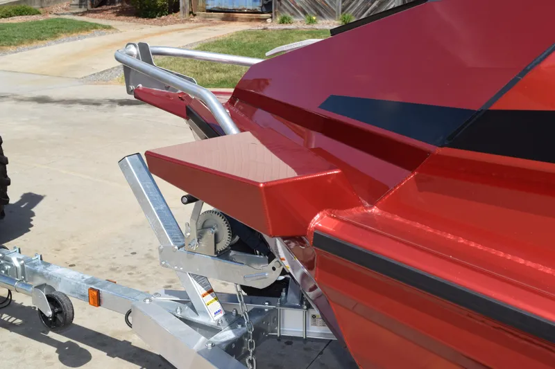 Slide: The Image of Red 2025 Stabicraft 1550 Fisher Profish boat on trailer, rear view. - 21