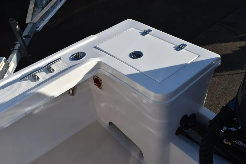 Slide: The Image of 2025 Steiger Craft 21 Peconic boat deck with storage compartment and fittings. - 25