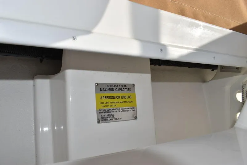 Slide: The Image of Steiger Craft 21 Peconic 2025 boat capacity label, maximum 8 persons or 1200 lbs. - 43