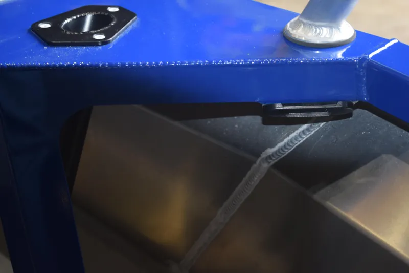 Slide: The Image of Close-up of 2024 Stabicraft 1550 Frontier SportFish boat detail, showcasing blue metalwork and welding. - 16