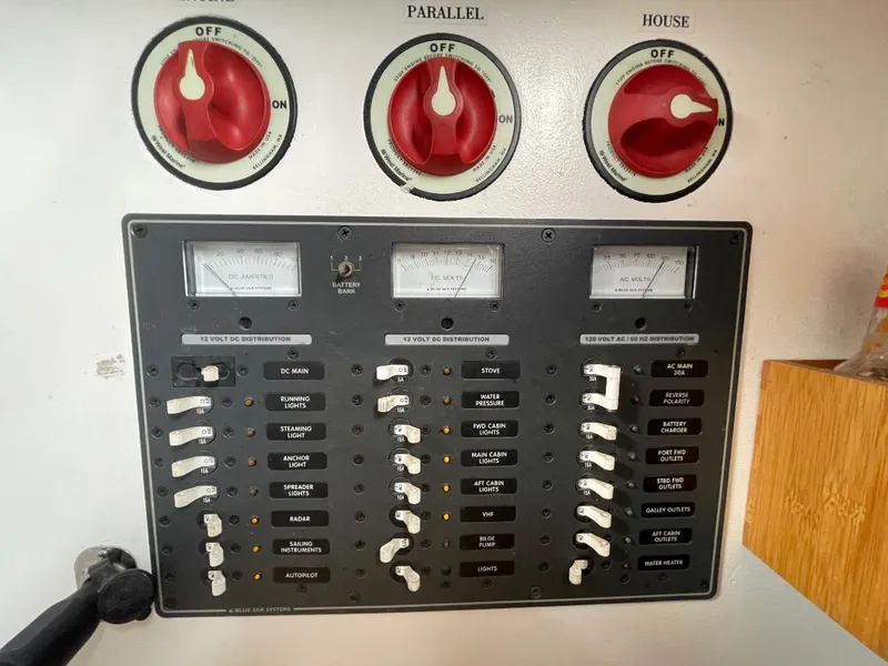 Slide: The Image of Electrical control panel of a 1979 C & L Explorer Center Cockpit Cutter sailboat. - 38
