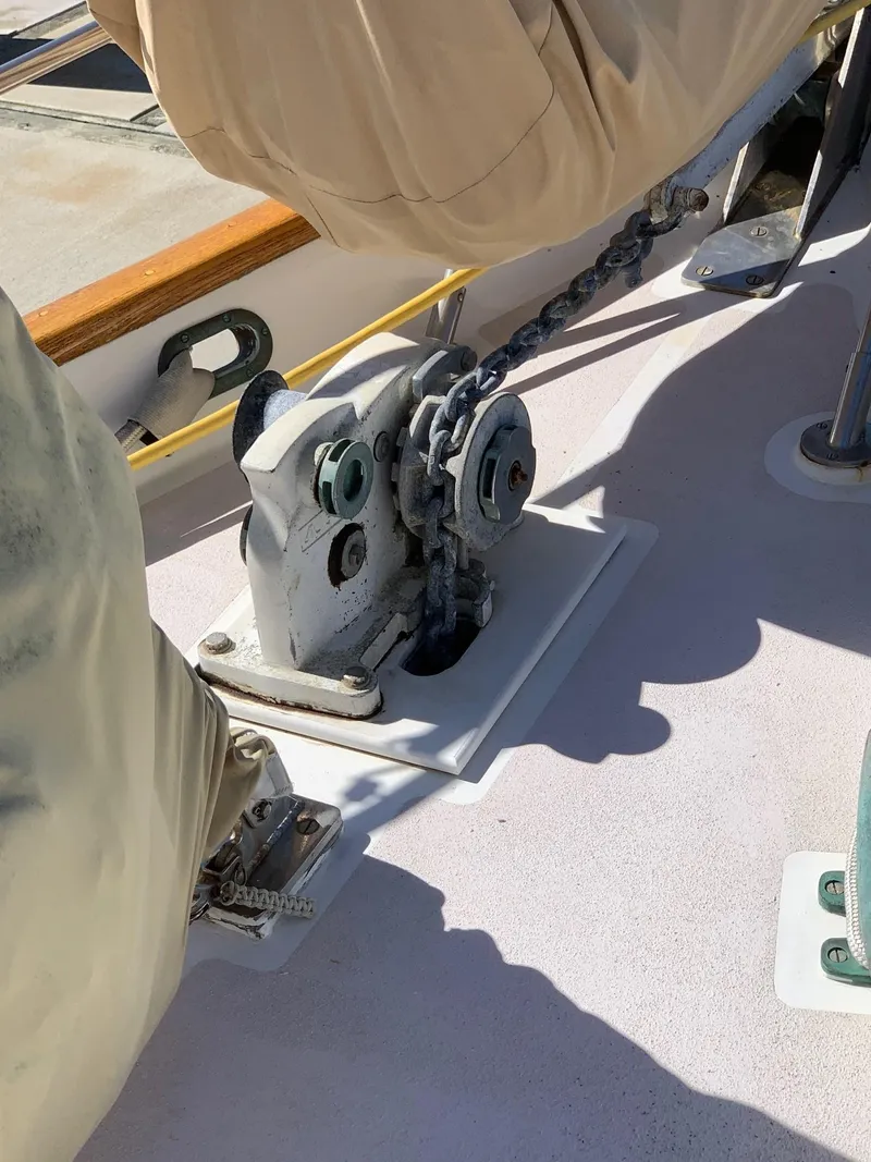 Slide: The Image of 1979 C & L Explorer Center Cockpit Cutter anchor windlass on deck. - 9