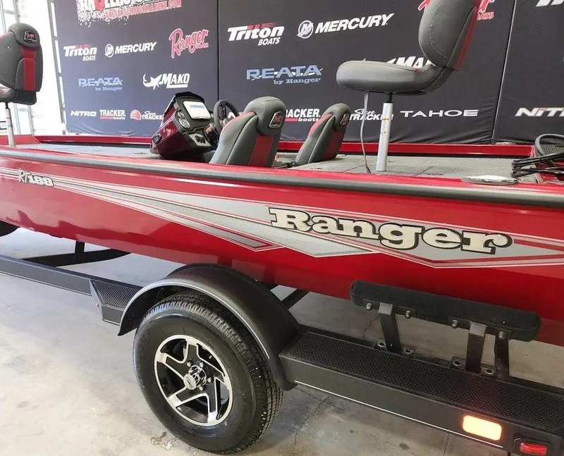 Slide: The Image of 2025 Ranger RT188 boat, red with sleek design, displayed on a trailer. - 13