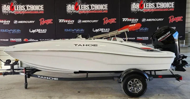 The Image of 2025 Tahoe T16 boat on trailer at Angler's Choice event. - 1