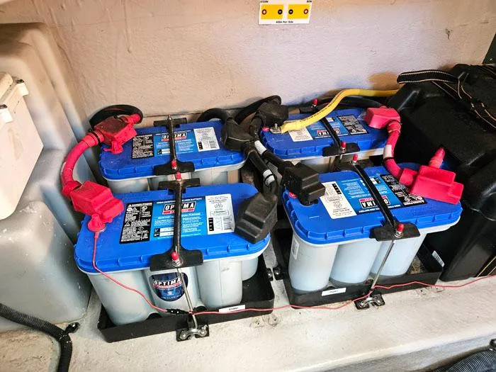 Slide: The Image of Battery setup in a 2007 Sea Ray 40 Sundancer boat, featuring Optima marine batteries. - 21