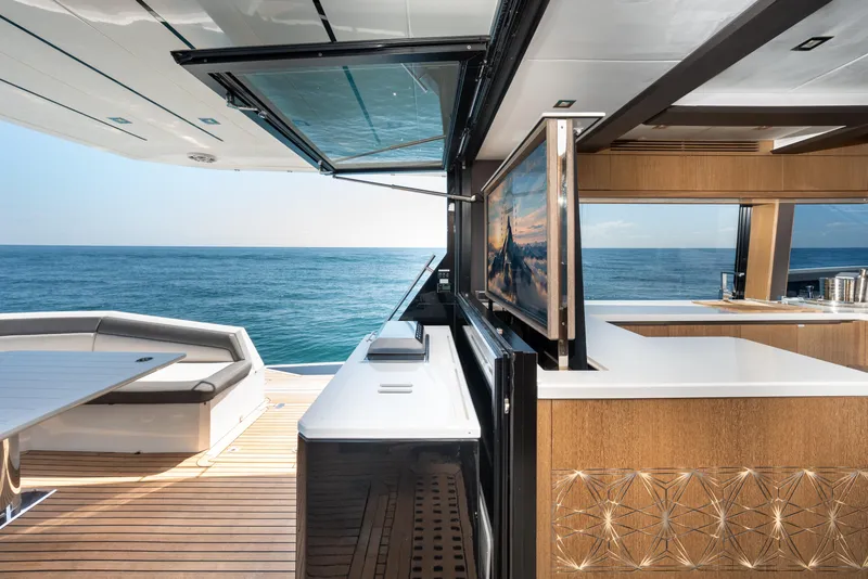 Slide: The Image of Luxurious 2019 Galeon 650 Sky yacht interior with ocean view and modern amenities. - 33