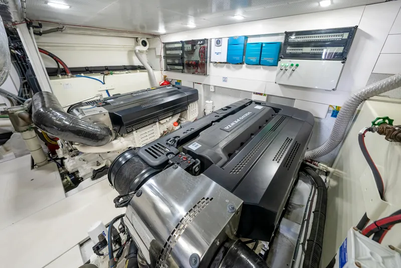 Slide: The Image of Engine room of 2019 Galeon 650 Sky yacht with advanced machinery and control panels. - 43