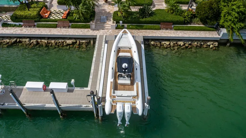Slide: The Image of Aerial view of 2025 Technohull EXPLORER 40S docked at a marina. - 2
