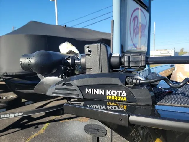 Slide: The Image of Minn Kota Terrova motor on 2024 Ranger VX1888L boat, outdoor display. - 2