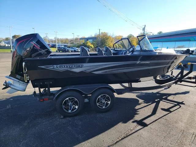 Slide: The Image of 2024 Ranger VX1888L boat on trailer, black exterior, parked outdoors. - 8
