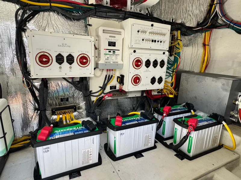 Slide: The Image of Electrical system of 2019 Cruisers Yachts 42 Cantius with batteries and wiring. - 39