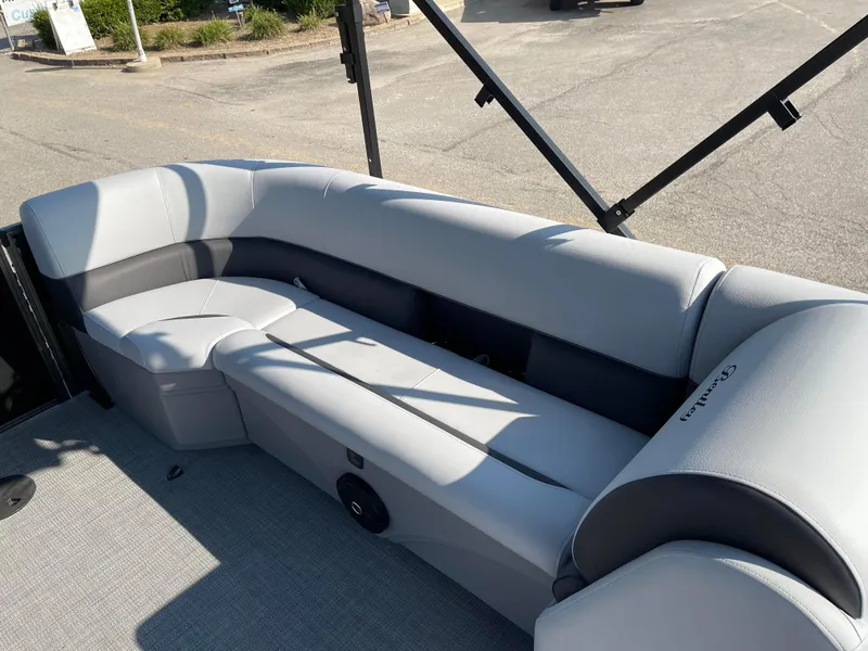 Slide: The Image of 2024 Bentley Pontoons LE 20 CW, luxurious seating, gray upholstery, outdoor setting. - 16
