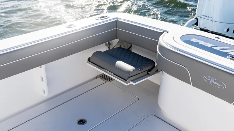 Slide: The Image of 2025 Valhalla Boatworks V-37 interior with cushioned seating and sleek design. - 11