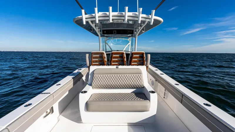 Slide: The Image of 2025 Valhalla Boatworks V-37 on open water, showcasing sleek design and comfortable seating. - 19