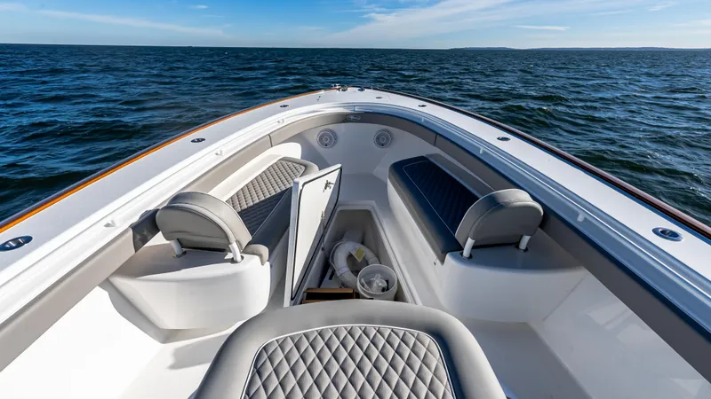 Slide: The Image of 2025 Valhalla Boatworks V-37 bow seating area on open water. - 39