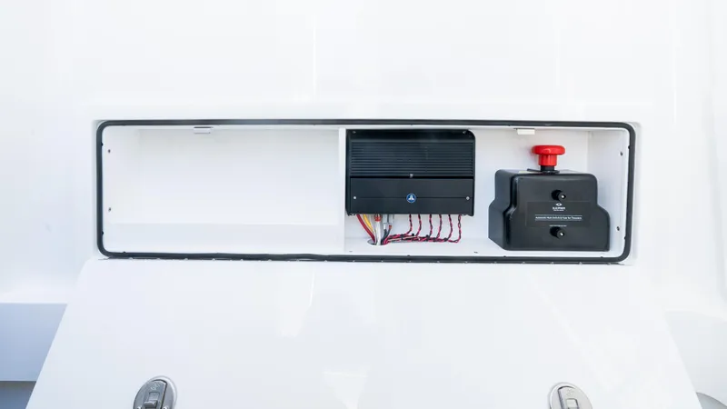 Slide: The Image of 2025 Valhalla Boatworks V-37 electrical panel with wiring and control switch. - 47