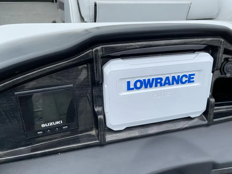 Slide: The Image of Dashboard of 2022 Bentley Pontoons Elite 223 with Lowrance Elite and Suzuki display. - 17