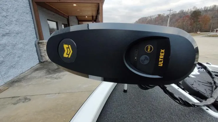 Slide: The Image of Close-up of Ultrex trolling motor on 2025 Vexus AVX1880 boat. - 2