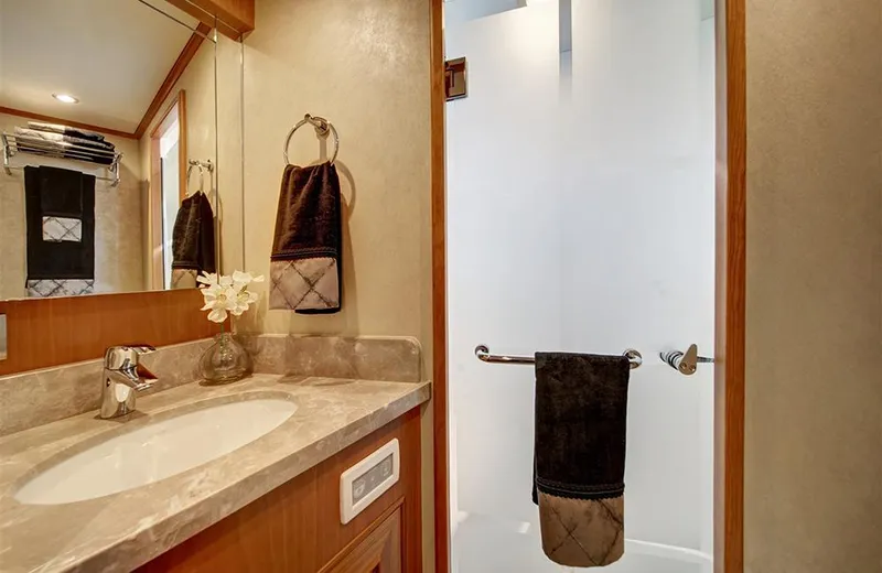 Slide: The Image of Luxurious bathroom in 2020 Outer Reef Yachts 720 Deluxbridge Motoryacht with elegant fixtures. - 20