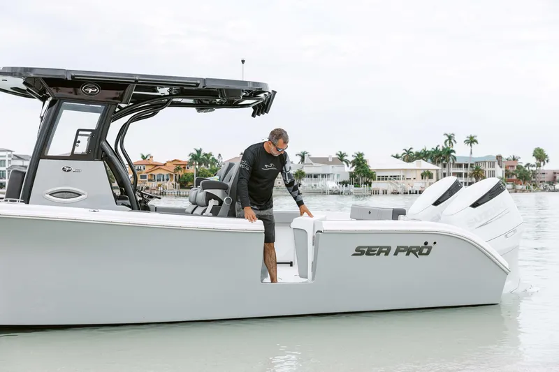 Slide: The Image of 2025 Sea Pro 292 DLX boat on water with person onboard, coastal background. - 8