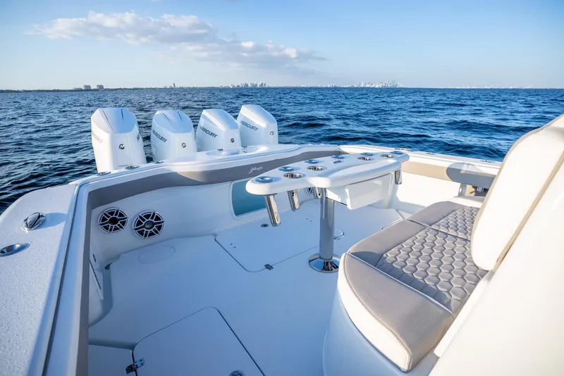 Slide: The Image of 2024 Yellowfin 39 boat with quad engines on open sea. - 17