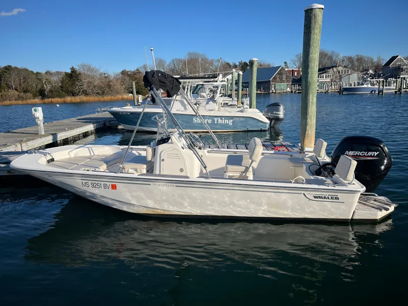 Slide: The Image of 2020 Boston Whaler 170 Montauk boat docked in a marina with clear blue water. - 1
