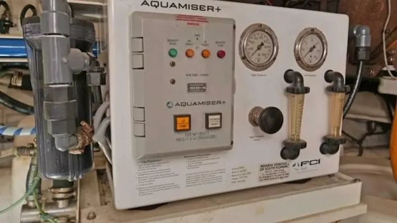 Slide: The Image of Aquafresh Aquamiser+ watermaker control panel on 2004 McKinna Pilothouse yacht. - 31