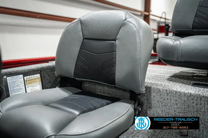 Slide: The Image of 2023 Tracker Pro 170 boat seat, gray upholstery, detailed stitching, Reeder-Trausch Marine logo. - 32