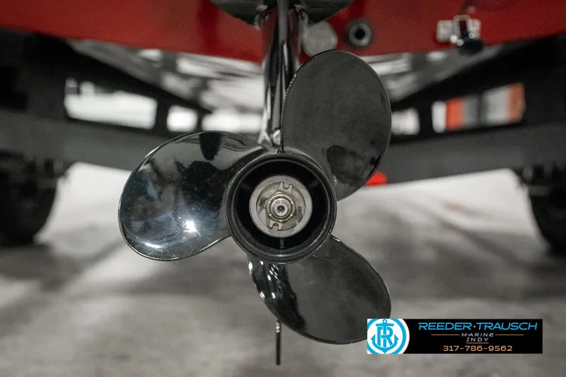Slide: The Image of Close-up of 2023 Tracker Pro 170 boat propeller in a showroom. - 40