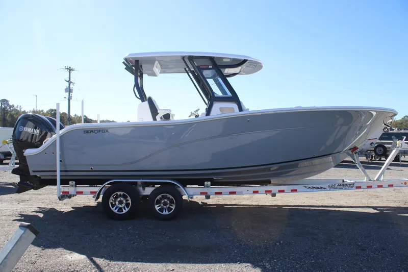 Slide: The Image of 2025 Sea Fox 288 Commander boat on trailer, side view. - 2