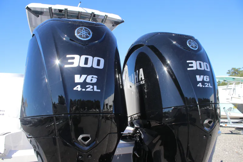 Slide: The Image of Twin Yamaha 300 V6 4.2L outboard engines on a 2025 Sea Fox 288 Commander. - 5