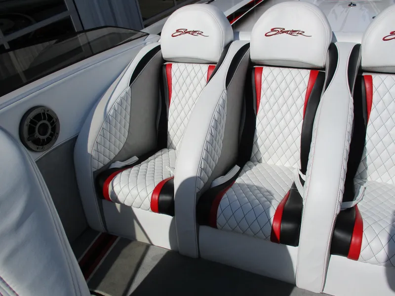 Slide: The Image of Luxurious Skater 482 boat seats, 2012 model, featuring white, red, and black diamond-patterned upholstery. - 17