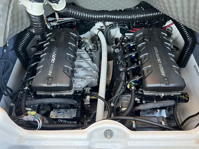 Slide: The Image of 2020 Yamaha AR240 boat engines, high output, dual setup in engine compartment. - 8