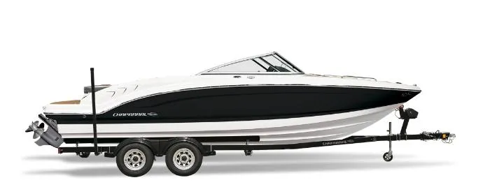The Image of 2024 Chaparral 23 SSi boat on trailer, side view, black and white design. - 0