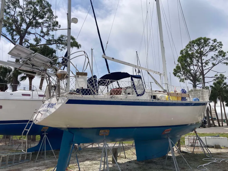 The Image of 1984 Irwin 34 Sloop sailboat on stands, ready for maintenance. - 0
