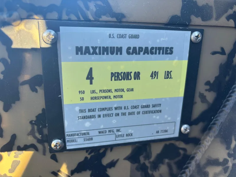 Slide: The Image of Edge Duck Boats 556 DB 2025 capacity plate: 4 persons or 491 lbs, 50 horsepower. - 9