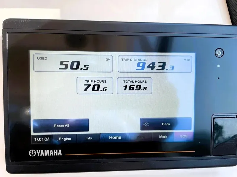 Slide: The Image of Yamaha display showing fuel usage and trip data for 2021 Grady-White Freedom 235. - 17