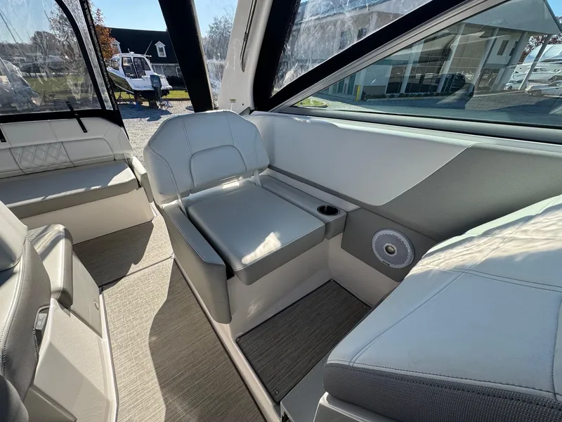 Slide: The Image of Interior of 2019 Regal 26 XO boat with modern seating and sleek design. - 18