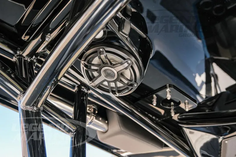 Slide: The Image of Close-up of 2025 Nor-Tech 340 Sport boat speaker and chrome details. - 23