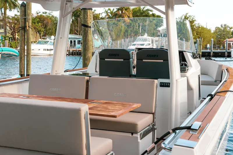 Slide: The Image of 2022 Fjord 38 Open luxury boat with spacious seating and sleek design. - 18
