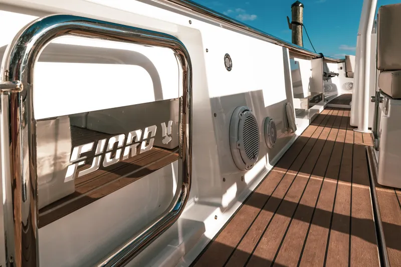 Slide: The Image of 2022 Fjord 38 Open yacht deck with sleek design and modern features. - 39