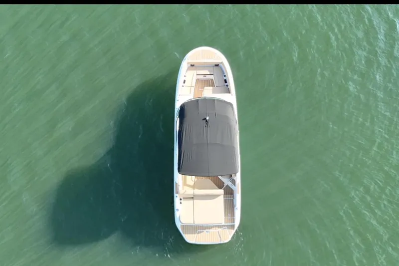 Slide: The Image of 2025 Sea Ray SDX 270 boat, aerial view on calm green water. - 10