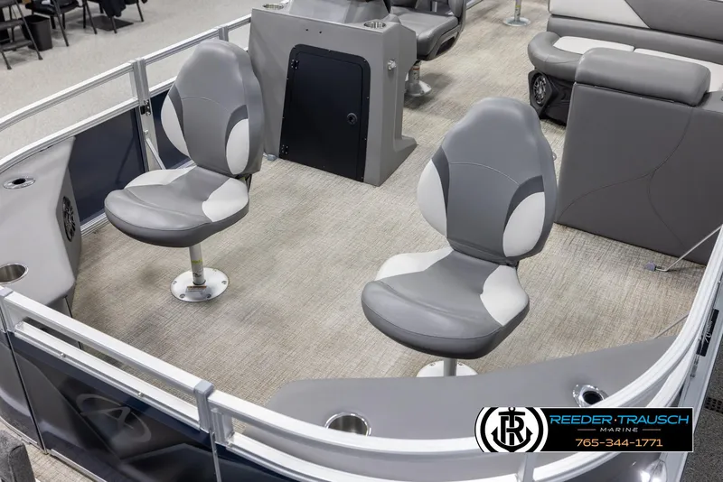 Slide: The Image of 2024 Avalon VEN QF boat interior with gray seating and modern design. - 10