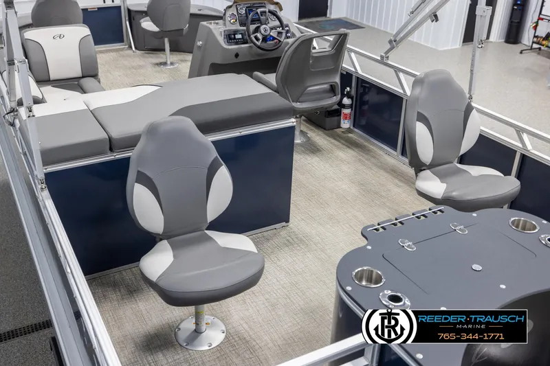 Slide: The Image of 2024 Avalon VEN QF boat interior with modern seating and control panel. - 11