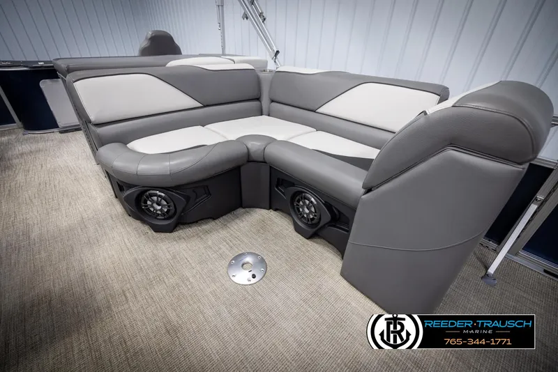 Slide: The Image of Luxurious seating in 2024 Avalon VEN QF boat with integrated speakers and modern design. - 20